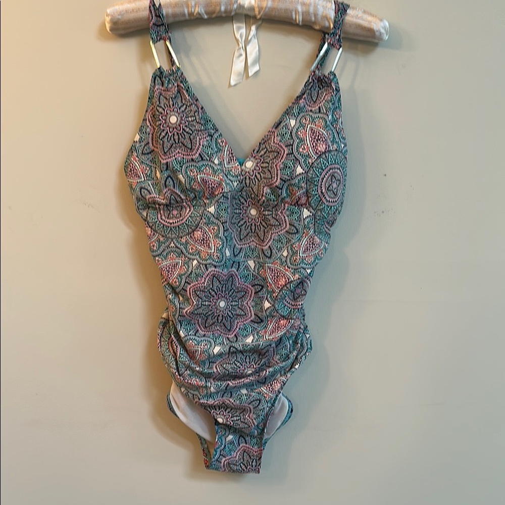 Assets by Spanx One-Piece Swimsuit – Aqua & Pink Mosaic Floral (Size M)